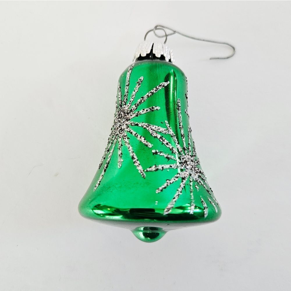 Vintage WEST GERMANY Mercury Glass Mica Drawn Green Snowflake Bell Ornament